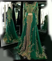 Eleganckie arabskie kaftan ciemnozielone sukienki wieczorowe długie rękawy Linia Dubai Turkish Formalne suknie imprezowe złote koronkowe kryształy marokańskie strój na bal maturalny dla kobiet
