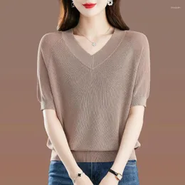 Koszulki damskie Summer Ice Silk w szyku w szyku z krótkim rękawem T-shirt solidny patchwork koreański moda swobodny trend luźny wiek redukujący cienki top