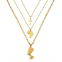 3 Stück Halsketten zusammen Ankh Nofretete Afrika Karte Anhänger Gold/Silber Farbe Geburtstag Party Ethno 14k Gold Schmuck Damen