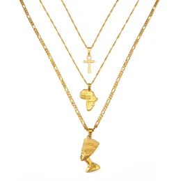 3 pezzi Collane Insieme Ankh Nefertiti Africa Mappa Ciondolo Oro/Argento Colore Festa di compleanno Etnico Gioielli in oro 14k Donna