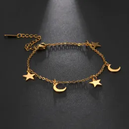 أزياء 14 كيلو أصفر الذهب Pentagram Moon Pendant Anklet Girls Summer Beach رائع إكسسوارات لطيفة هدية