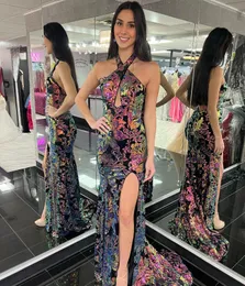 Abito da sera con scollo incrociato con spacco Motivo floreale Velluto con paillettes Abito lungo da festa Invitato al matrimonio Evento formale invernale Serata di ballo Occasioni speciali Spettacolo di gala Buco della serratura