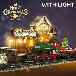 軽い通りビューを備えたクリスマストレインプラットフォームビルディングブロックブリック冬の家鉄道駅モデルアセンブリおもちゃの子供ギフト240120