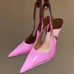 Sexy Pointed New Arrive Women High Heels Runway Brand Designer Hot Sale Metal Chain Decor Slingback Women Slip On Party Dress Fashion Sandals Mujer