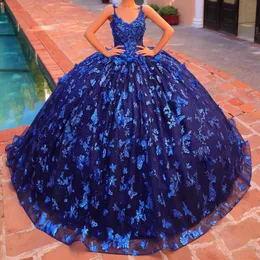 Abiti stile Quinceanera con paillettes blu navy con spalle scoperte Abiti stile Quinceanera Sweet 16 Abiti da principessa con applicazioni di fiocco Abiti da ballo Abiti da 15 anos