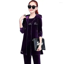 Women's Two Piece Pants Gold Velvet Embroidered Sports Suit Women's 2024 Spring And Autumn Hooded Fashion Casual Wear Ladies Long