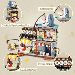 Blocchi 789 pz Città Mini Street View Building Blocks negozio di Pesca Izakaya Mercato Notturno Scena Figura Mattoni Giocattolo Per I Bambini Regalo di Natale