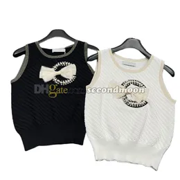 Bownot Decoration Tanks Top Women Fashion Pearl Vest Round Neck Knits Tops Shiny Crystal Tank Tops