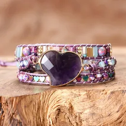 Pulseiras coração roxo pedras mulheres artesanais triplo envoltório pulseiras feminino amor amizade jóias