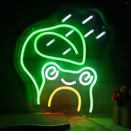 Luzes noturnas sapo sinal de néon (verde) dia chuvoso folha gota de chuva diversão led usb alimentado decoração de parede jogo de caverna masculino