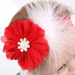 Acessórios de cabelo 8cm Natal Headband Pena Branca Red Chiffon Bow com Pérola Elastic Foe para atacado