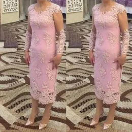 2019 Pink Formal Mother of the Bride Dresses Long Symle Jewel Lace Applique Illusion Te-Length Prom Party Evening Wedding Gowns238b