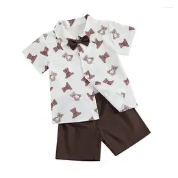 Giyim Setleri Pudcoco Bebek Erkek Boy 2pcs Beyefendi Kıyafetleri Kısa Kollu Ayı Baskı Bowtie Gömlek Şortları Seti Toddler Giysileri 6M-3T