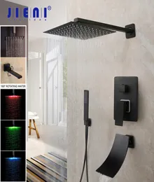 ジエニ816インチマットブラックラインフォールシャワー蛇口浴槽LEDバスタブレインスクエアシャワーヘッド滝スプレーシャワー蛇口セット10114782970