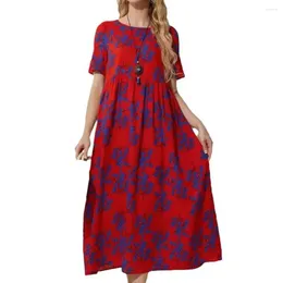 Freizeitkleider Sommerkleid Farblich abgestimmter Blumendruck Rundhalsausschnitt Kurzarm A-Linie Big Swing Hohe Taille Lose Retro Pullover Midi