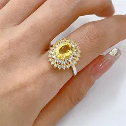 Cluster Rings Test Selling S925 Sterling Silver White Gold Natural Yellow Crystal 7 9mm Ring Woman Lady Gift