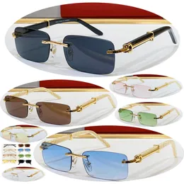 Schwarze Sonnenbrille, Designer-Damen-Herren-Brille, Luxus-Carti-Sonnenbrille, randlos, Büffelhornrahmen, Holz, Bambus, goldfarbener Metallrahmen, rechteckige Sonnenbrille