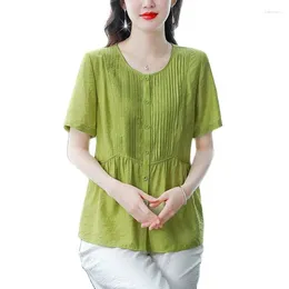Женские блузки летняя мода мама хлопковая льняная блузка китайская короткая рукава круглая шея 2024 тонкая