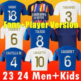 23 24 Lyon Football Jersey Maillot de Foot Caqueret ol 2023 2024 홈 풋볼 셔츠 Aouar Barcola Castello Jr Cherki Boateng Dembele Gusto 남자 키트 세트 장비