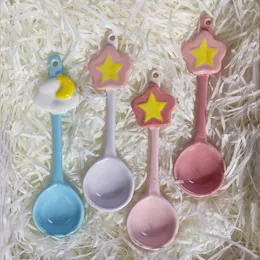 Spoons Ceramic Hand-Painted Lovely Soup Spoon Star Moon Cloud Dessert Ladle Rice Hamster Grain Dipper Pink For Girl Children