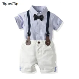 Conjunto de ropa para bebés y niños pequeños, camisa de manga corta para caballero, pantalones cortos con tirantes, trajes de 2 uds., conjunto de ropa para niños nacidos 240118