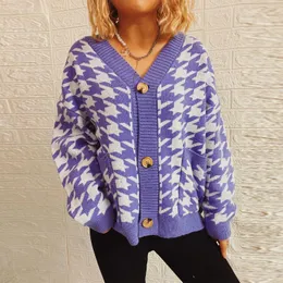 Kvinnors stickor tröja Löst V-ringning tusen fågelkontroll Kontrast Single Breasted Pocket Long Sleeve Sticked Cardigan Coat