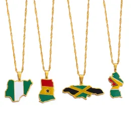 Colorful Flags Nigeria Ghana Jamaica Guyana Maps 14K White Gold Enamel Pendant Necklaces National Jewelry