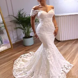 Elegante Meerjungfrau Brautkleider Kurzärmel 2021 Spitzenapplikationen Sweep -Zug MADE MADEDES SIZE EDHEITY BRIDAL GOWN VESTIDO DE 228Y