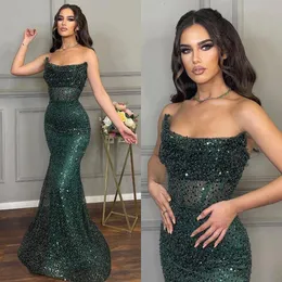 Dark Green Mermaid Evening Elegant Black Girl Illusion Strapless Pearls Sequins Glitter Prom Dress Long Dresses For Special Ocns