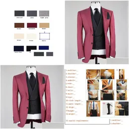 Męskie garnitury Blazers Busines Slim Fit Men Dark Red Kurtka Czarna kamizelka spodni Tuxedos Retro Terno Mascido Costume Homme Blazer Piece Dhykv {Category}