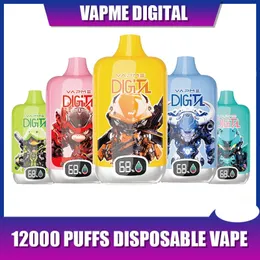 Orijinal Vapme Dijital Kutu 12000 Puf E Sigara Tek Kullanımlık Vape Kalem 0% 2% 3% 5% 20ml Şarj Edilebilir 850mAh Pil Hava Akışı Mesh Bobini 12K Puf Vapme Shisha