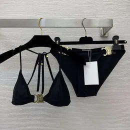 Women's Swimwear Sexy Bikini Designer Three-pointed Metal Fittings Tie String Neckline Split Swimsuit