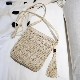 Waist Bags Boho Retro Crossbody Bag Natural Straw Weave Beach Hollowed Out Tassel Shoulder Package Ethnic Style Bead Decorate Handbag