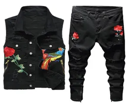 Novo 2019 primavera masculino fatos de treino outwear phoenix floral bordado buraco jeans vermelho duas peças define masculino turn down collar coletes calças 6024208