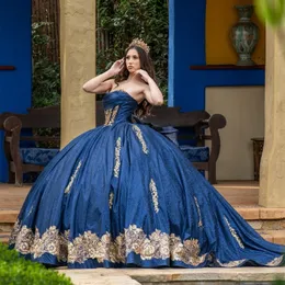 Abiti Quinceanera blu navy Appliques oro con sequestro con sequenza di corsetto in pizzo da corsetto Sweet 15 Abiti Sweep Train Vestidos 15 De