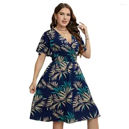 Plus size vestidos femininos vestido elegante folha impressão maxi para confortável decote em v verão com cintura elástica festas ao ar livre