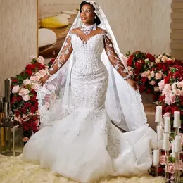 Stunningningbride 2024 Arabic Plus Size Ivory Mermaid Wedding Dresses High Neck Long Sleeves Plusサイズのレースビーズブライダルガウン