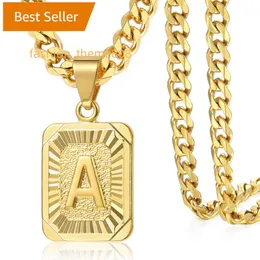 Initial A-Z Letter Men Box Cuban Chain gift 18K Gold Plated A-Z Capital Letter Square Stainless Steel Pendant Necklace
