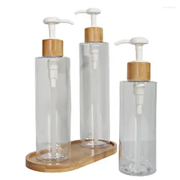 収納ボトル15pcs 7oz 8oz10oz透明なプラスチックローション竹ポンプコンテナ空の木製クリームシャンプーボトル200ml 250ml 300ml