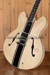 Super raro Tom Delonge Natural Semi Hollow Body Jazz Chitarra elettrica manico in un unico pezzo, corpo in acero, striscia nera, accordatori Grover, hardware cromato