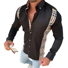 Camicie alla moda patchwork da uomo di vendita calda in primavera e autunno, top slim fit, camicia a quadri alla moda