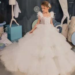 Abiti da ragazza Lorencia Elegante abito da ballo con volant bianco Abito a fiori 2024 Paillettes Principessa per bambini per abiti da spettacolo per feste di matrimonio YFD54