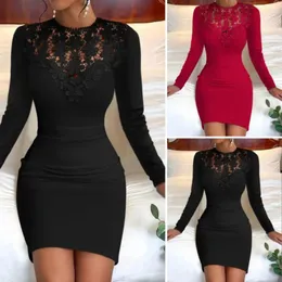 Casual Dresses Women Long Sleeve Dress Elegant Lace Mini For Slim Fit Sheath With O Neck Soft Tight Waist
