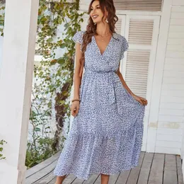 Party Dresses Comfort och Casual Product Sexig Flowy Dress 2024 Spring Summer Print LACE-UP Sliding Vacuum Long