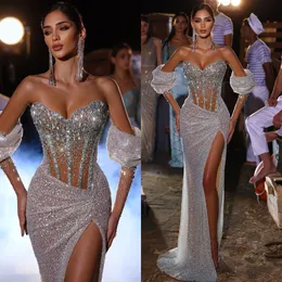 Lindo vestido de noite de designer de sereia elegante sem alças lantejoulas miçangas ilusão vestido de baile frente dividida vestidos longos para ocasiões especiais