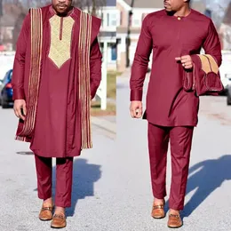 Etnik Giyim Afrikalı Agbada Elbise Erkekler için Elde Edilmiş Cüppeler Dashiki Kapak Gömlek Pantolon 3 PCS SET BOUBOU AFRİKADA HOMME MUSULMAN TOPLU