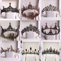 Barok siyah kristal yuvarlak gelin tiaras taçlar yarışta balo balığı diadem rhinestone peçe tiara kafa bandı düğün saç aksesuarları