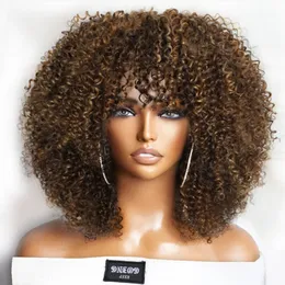 Peruca afro curta encaracolada com franja peruana, destaque marrom, sem cola, máquina completa, densidade 250 para mulheres negras, cabelo humano