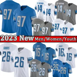 Jared Goff Amon Ra St Brown 축구 유니폼 Barry Sanders Mens 스티치 청소년 키드 저지 000