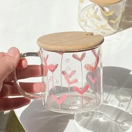 Verres à vin mignon coeur rose tasse en verre d'eau avec poignée couvercle résistant à la chaleur lait café thé tasse maison Drinkware beau cadeau